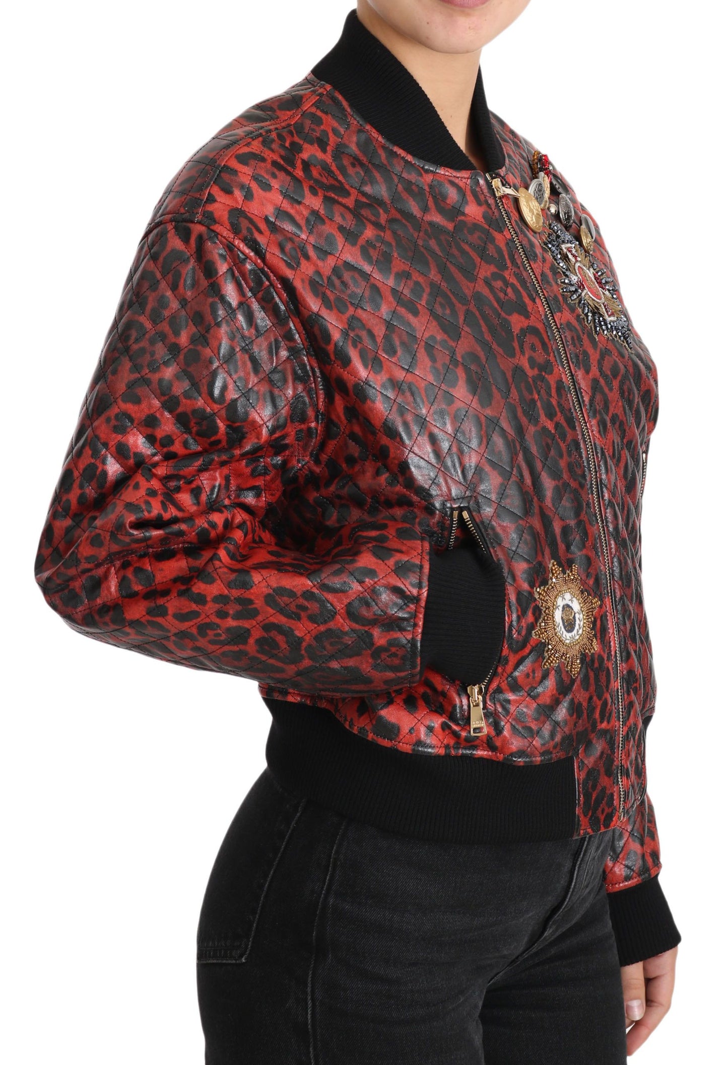 Dolce & Gabbana Rote Leopardenknopf-Kristall-Lederjacke