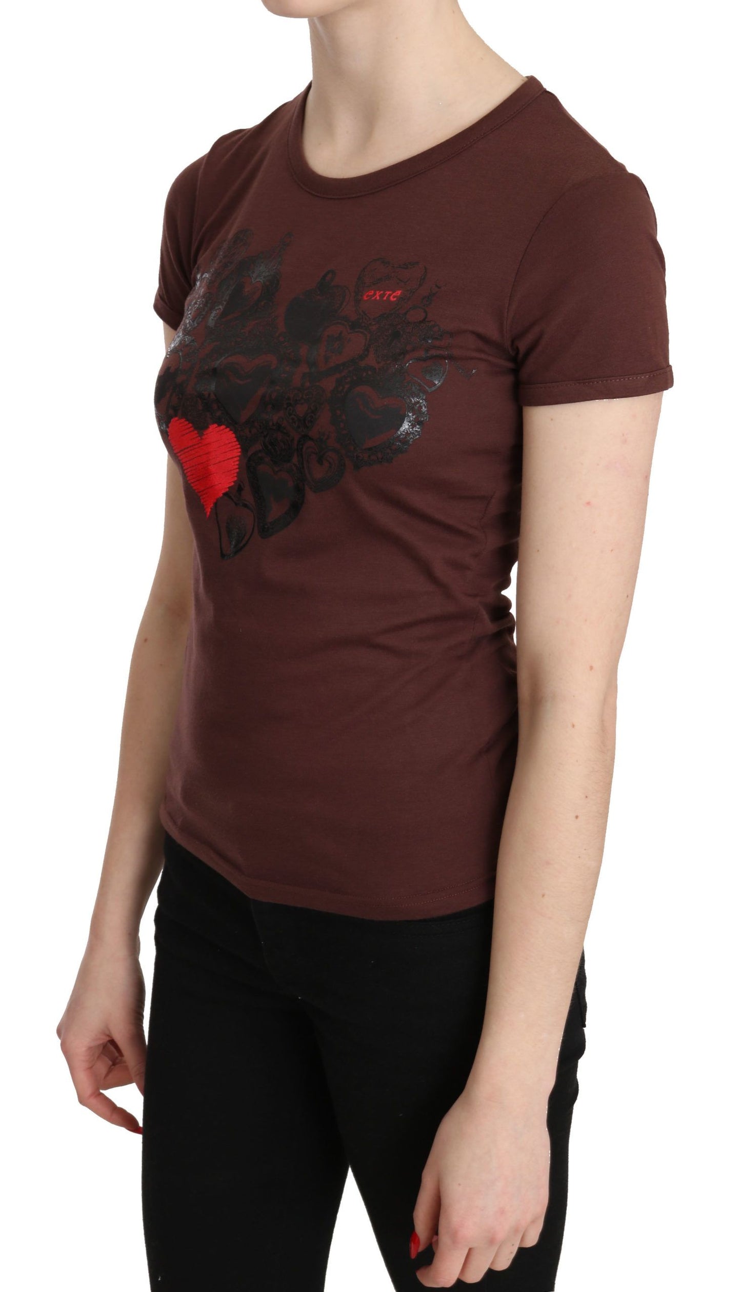 Exte Braunes Herz-T-Shirt mit Rundhalsausschnitt