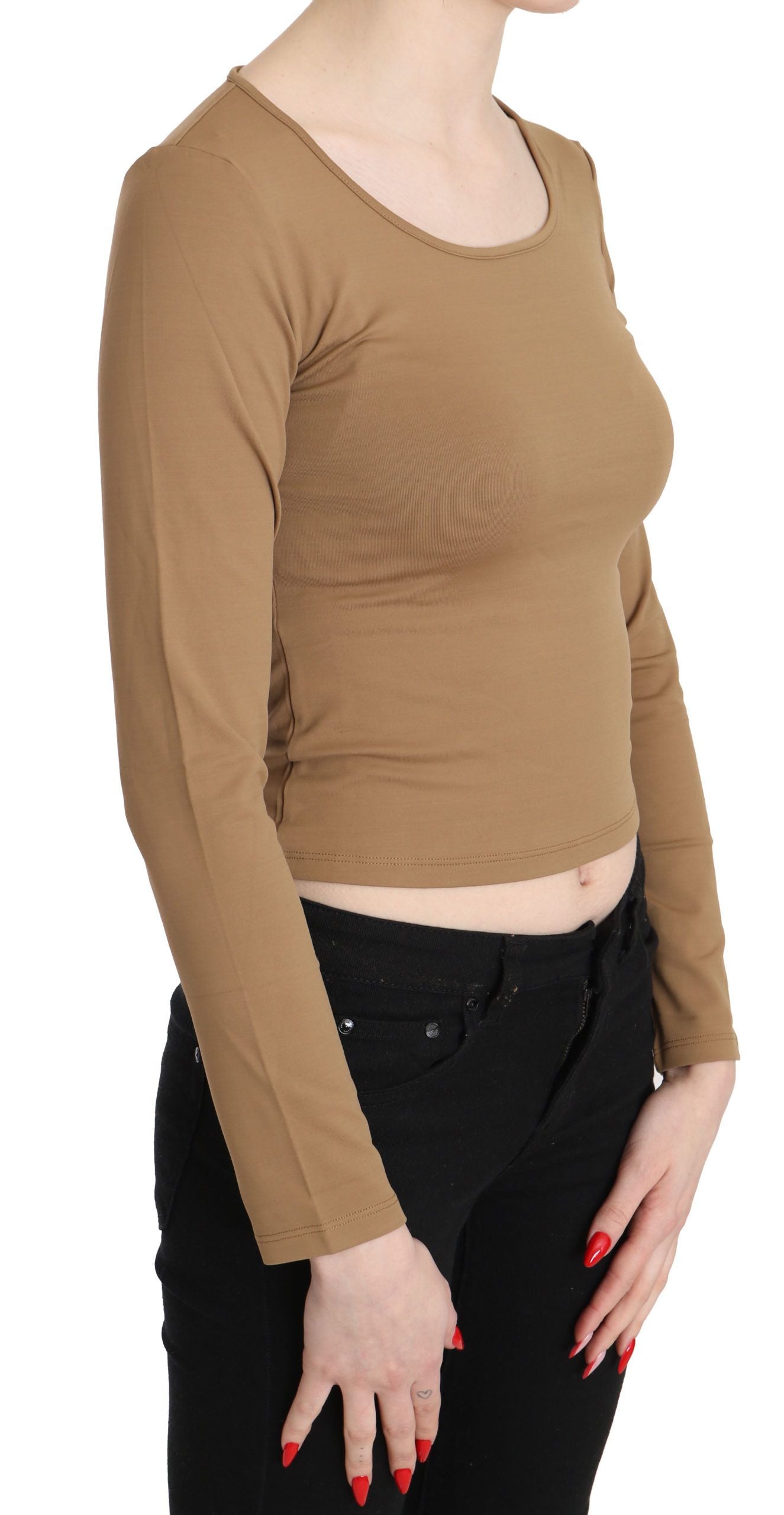 GF Ferre Brauner Rundhalsausschnitt Langärmliges schmales Crop-Top Bluse