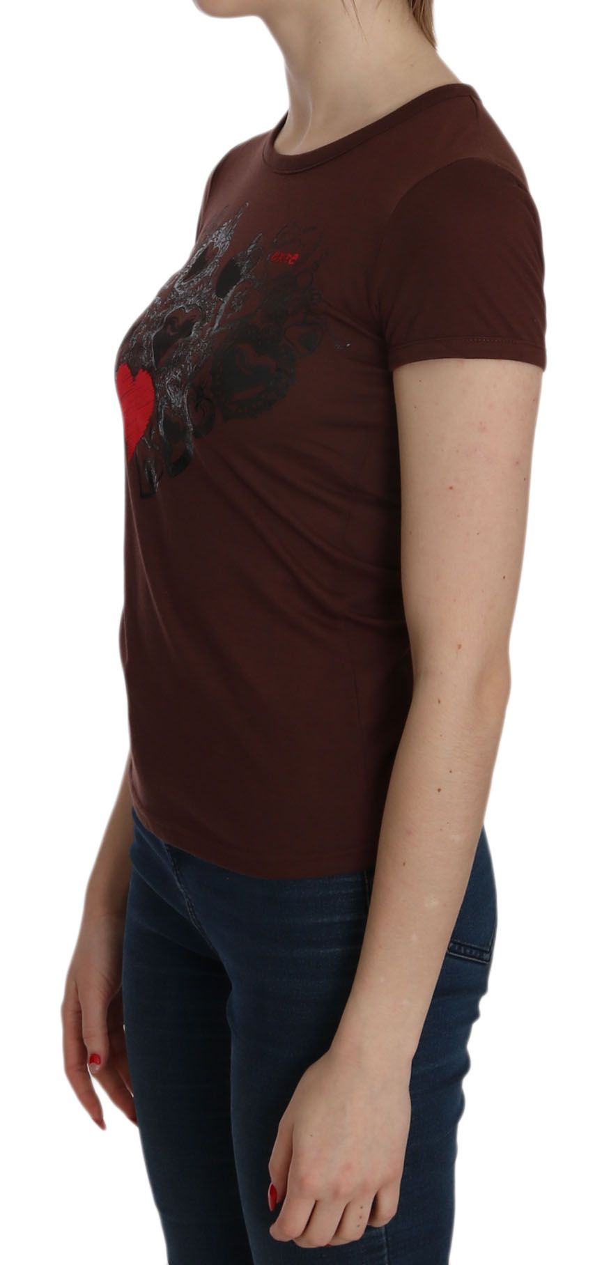 Exte Braunes Herz Print Rundhals-T-Shirt Kurzarm-Bluse