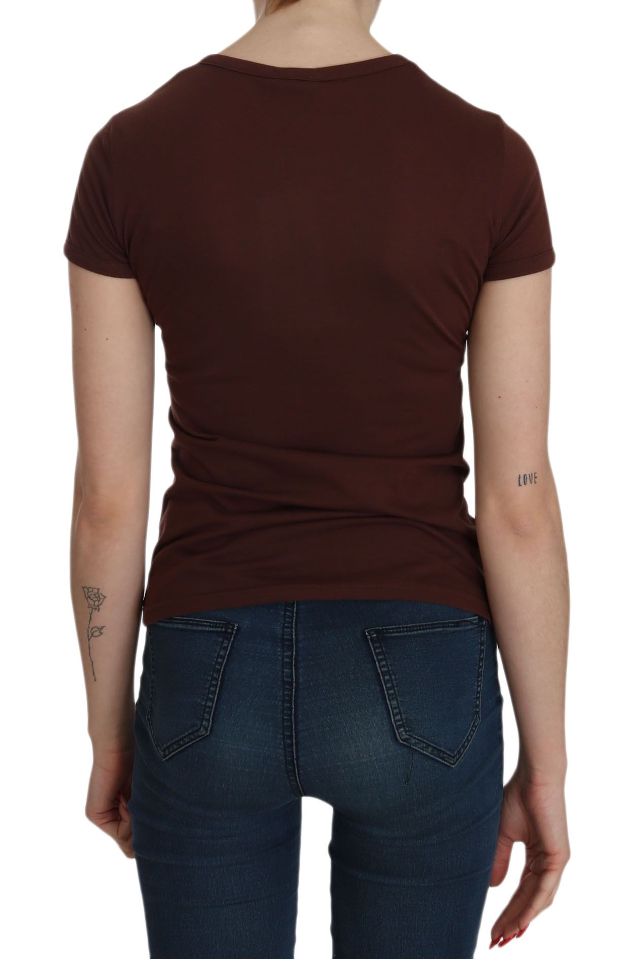 Exte Braunes Herz Print Rundhals-T-Shirt Kurzarm-Bluse