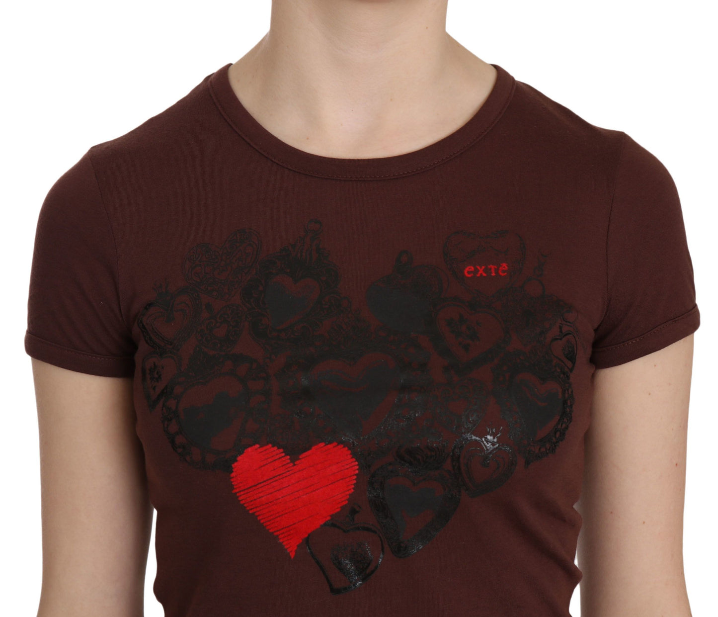 Exte Braunes Herz Print Rundhals-T-Shirt Kurzarm-Bluse
