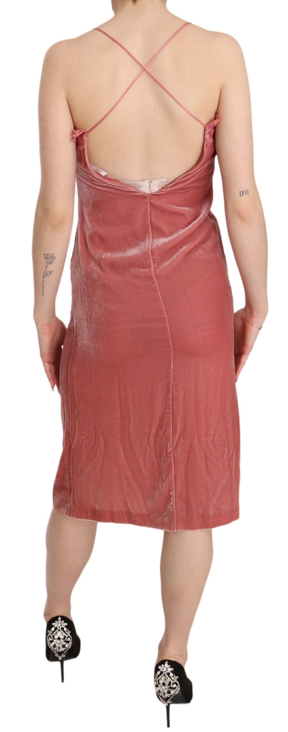 PINKO Rosa Spitze Spaghetti-Träger mit Seitenschlitz Midikleid