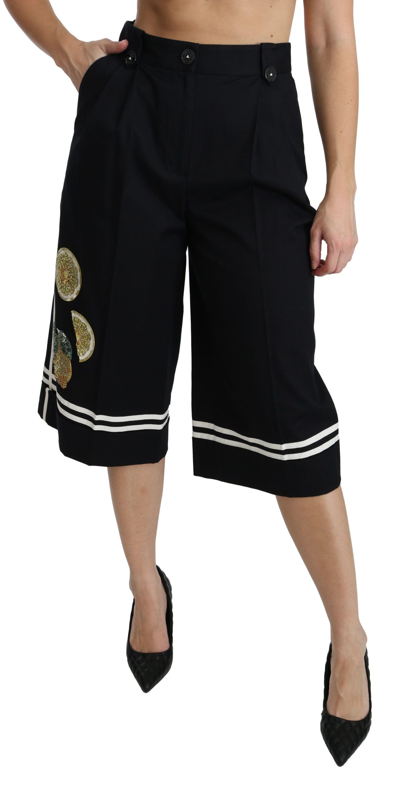Dolce & Gabbana Schwarze Palazzo-Hose mit Zitronenverzierung und Cropped Pants