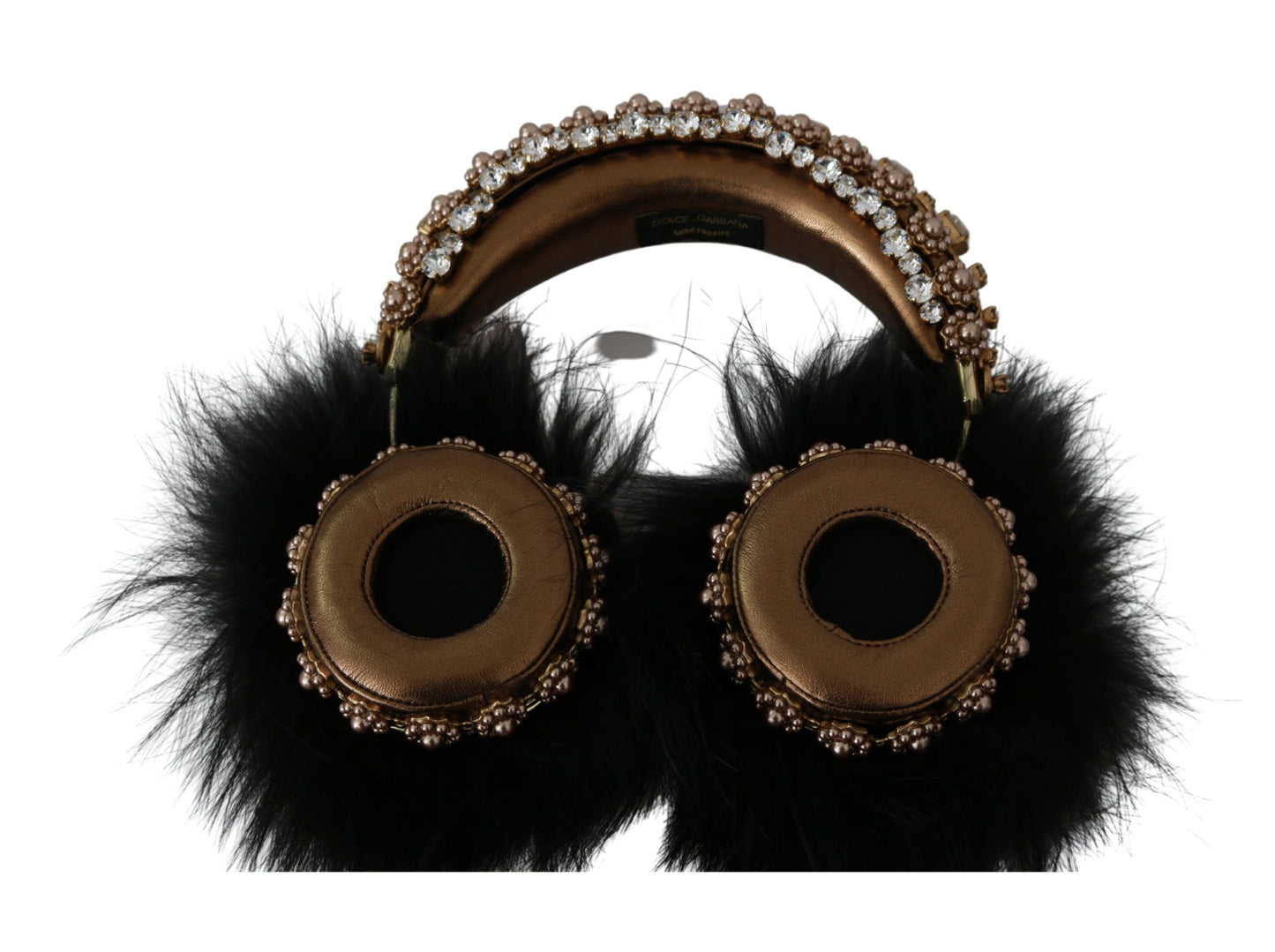 Dolce & Gabbana Gold Schwarz Kristall Pelz Headset Audio Kopfhörer