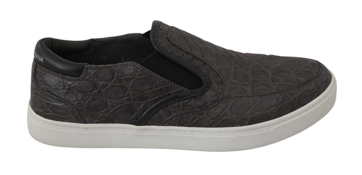 Dolce & Gabbana Graues Leder Flache Kaiman Herren Loafers Schuhe