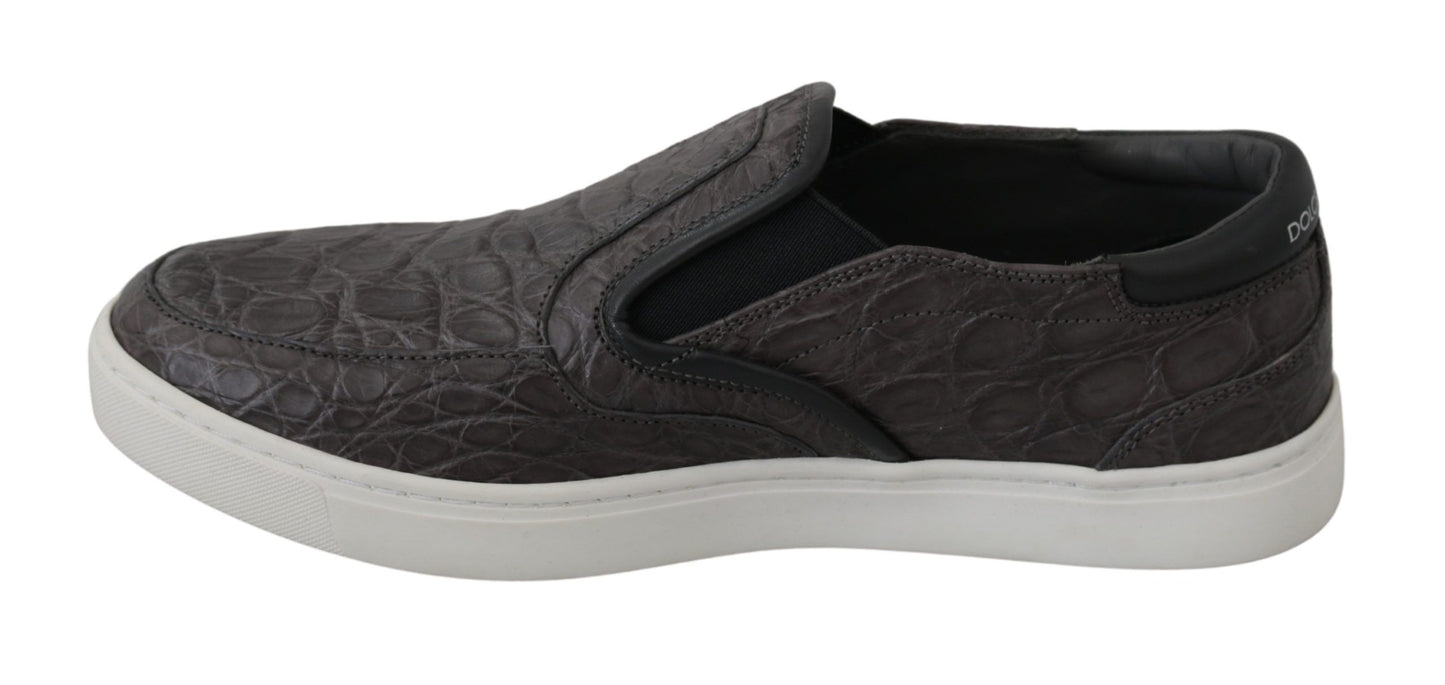 Dolce & Gabbana Graues Leder Flache Kaiman Herren Loafers Schuhe