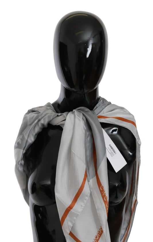 Costume National Grauer orangefarbener Seiden-Foulard-Wickeltuch