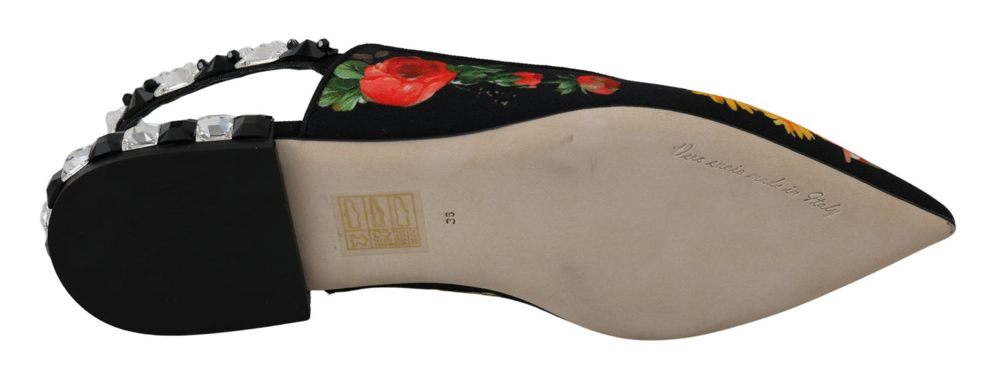 Dolce & Gabbana Schwarz Floral Kristall Slingbacks Flats Schuhe