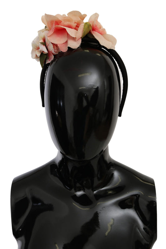 Dolce & Gabbana Rosa Seide Schwarz Floral Stirnband Logo Diadem