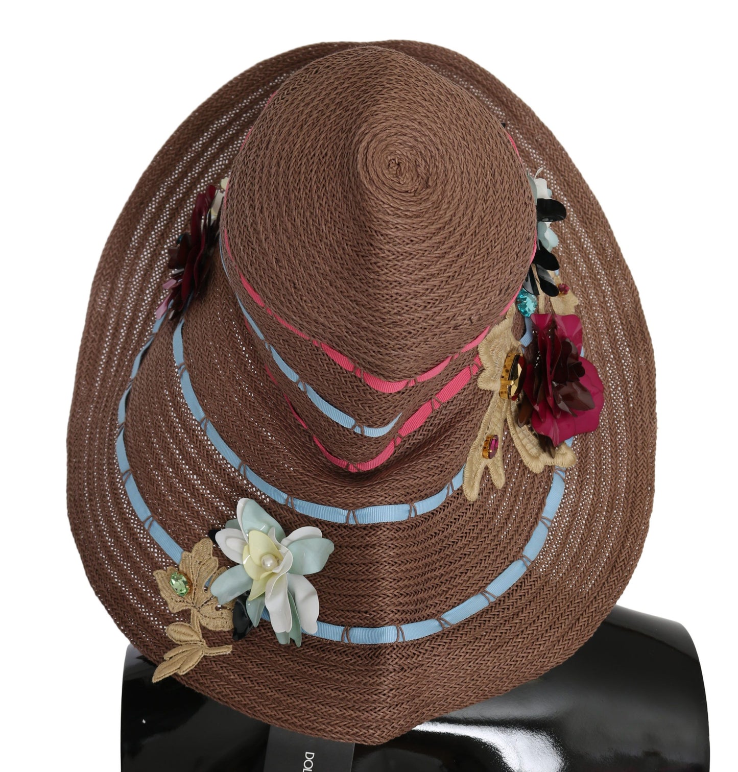 Dolce & Gabbana Brown Floral breite Krempe Stroh Floppy Cap Hut