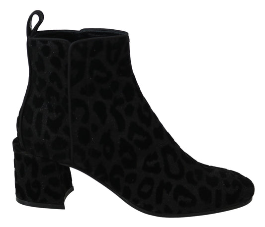Dolce & Gabbana Schwarzer Leopard Kurze Stiefel Schuhe mit Reißverschluss