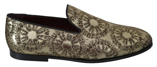 Dolce & Gabbana Gold Jacquard Flats Herren Loafers Schuhe