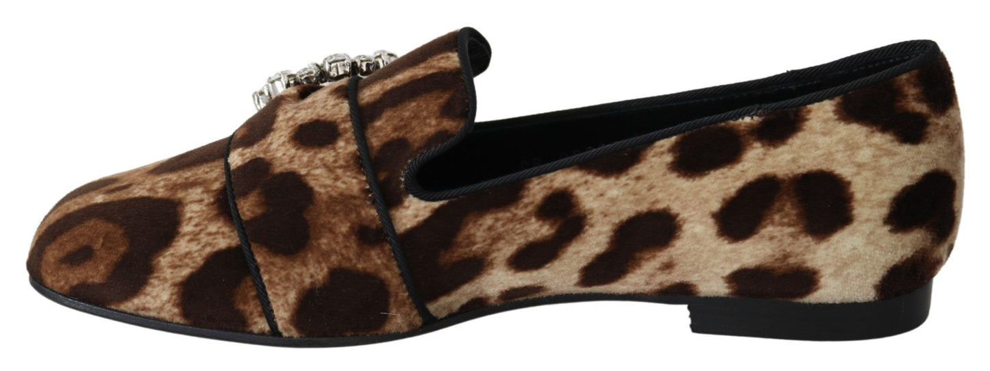 Dolce & Gabbana Braun Leopard Print Kristalle Loafers Flats Schuhe