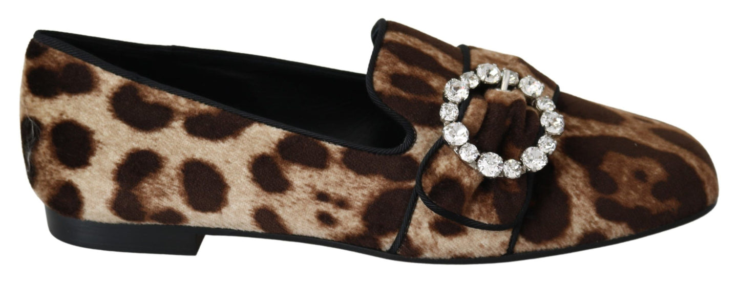 Dolce & Gabbana Braun Leopard Print Kristalle Loafers Flats Schuhe