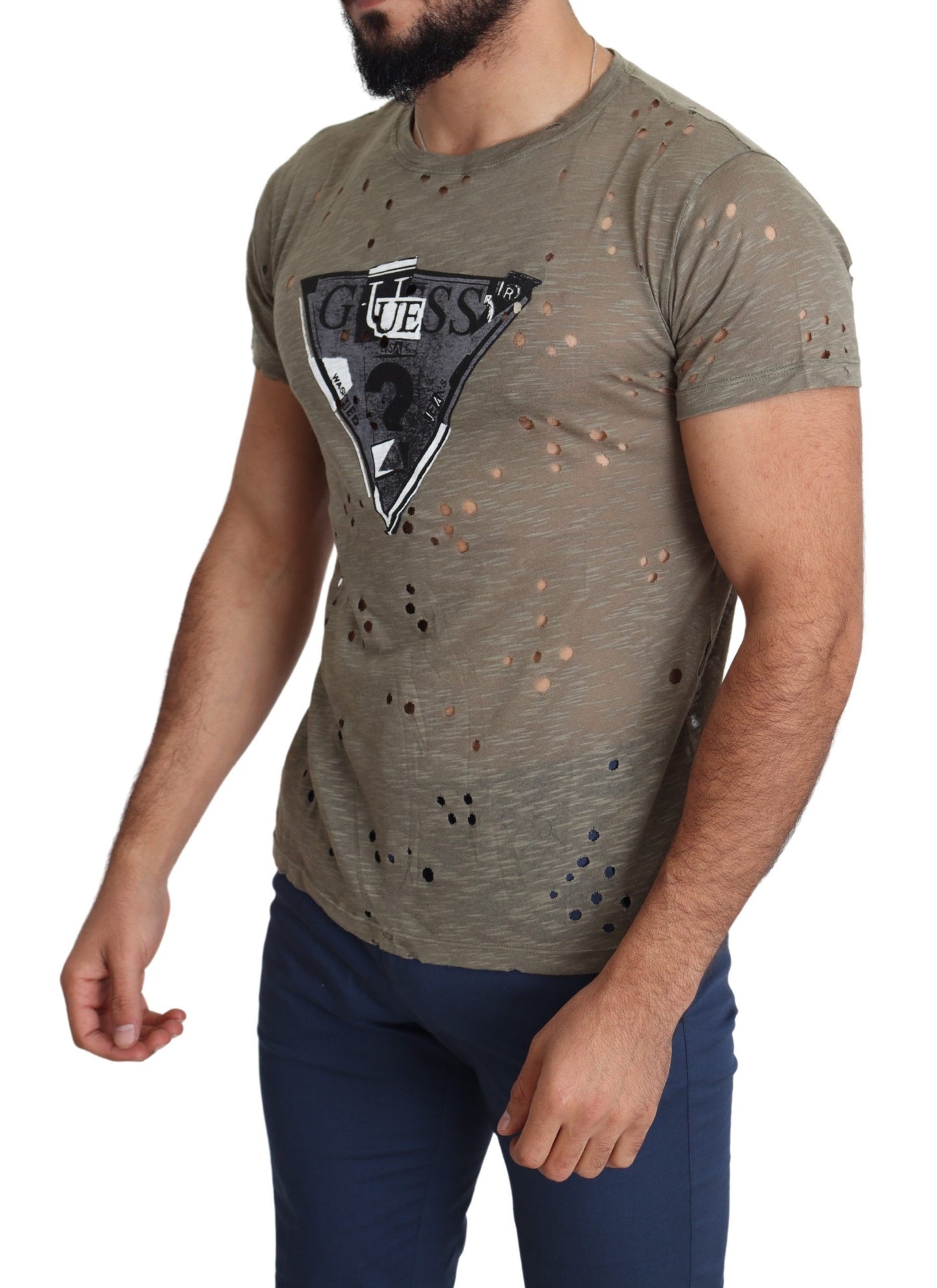 Guess Braunes Baumwoll-Stretch-T-Shirt mit Logodruck für Männer Casual Perforated T-Shirt