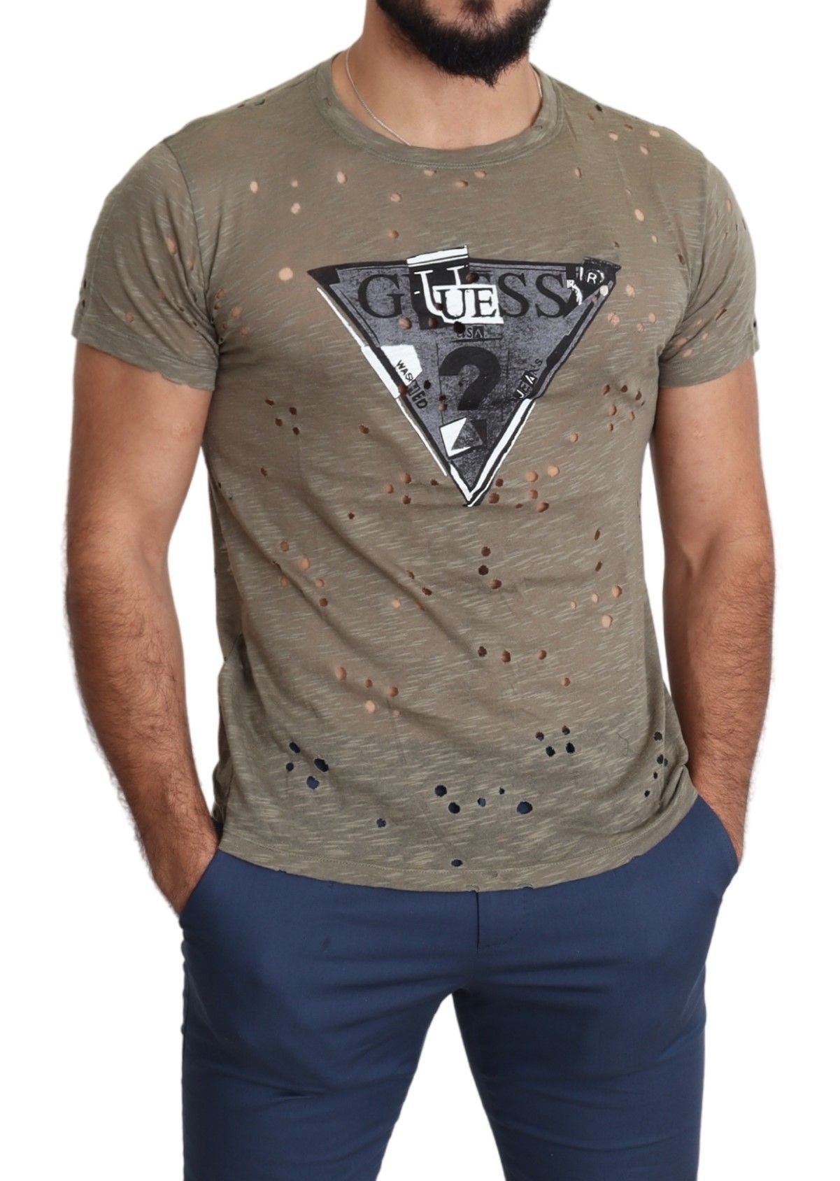 Guess Braunes Baumwoll-Stretch-T-Shirt mit Logodruck für Männer Casual Perforated T-Shirt