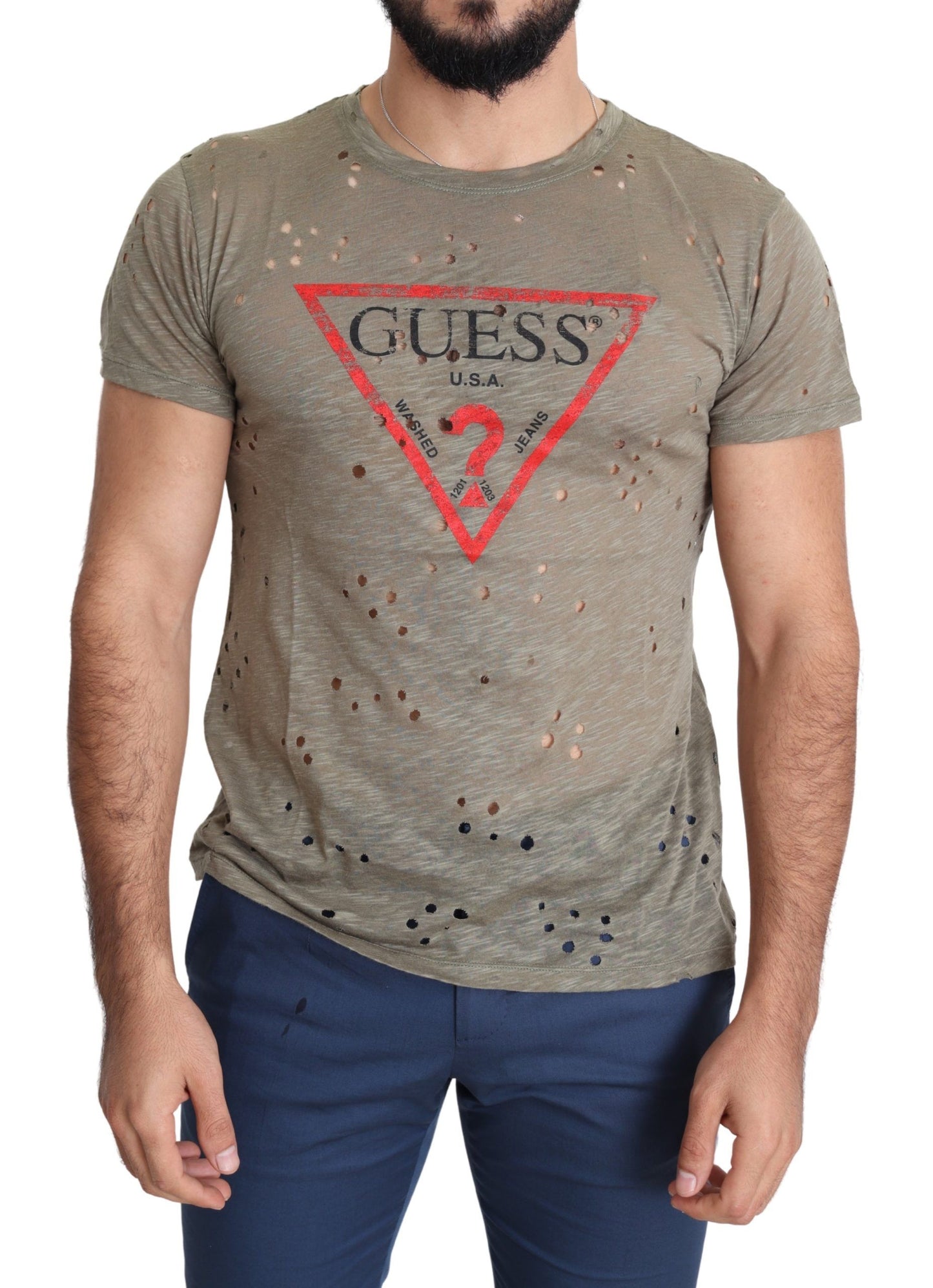 Guess Braunes Baumwoll-Stretch-T-Shirt mit Logodruck für Männer Casual Perforated T-Shirt