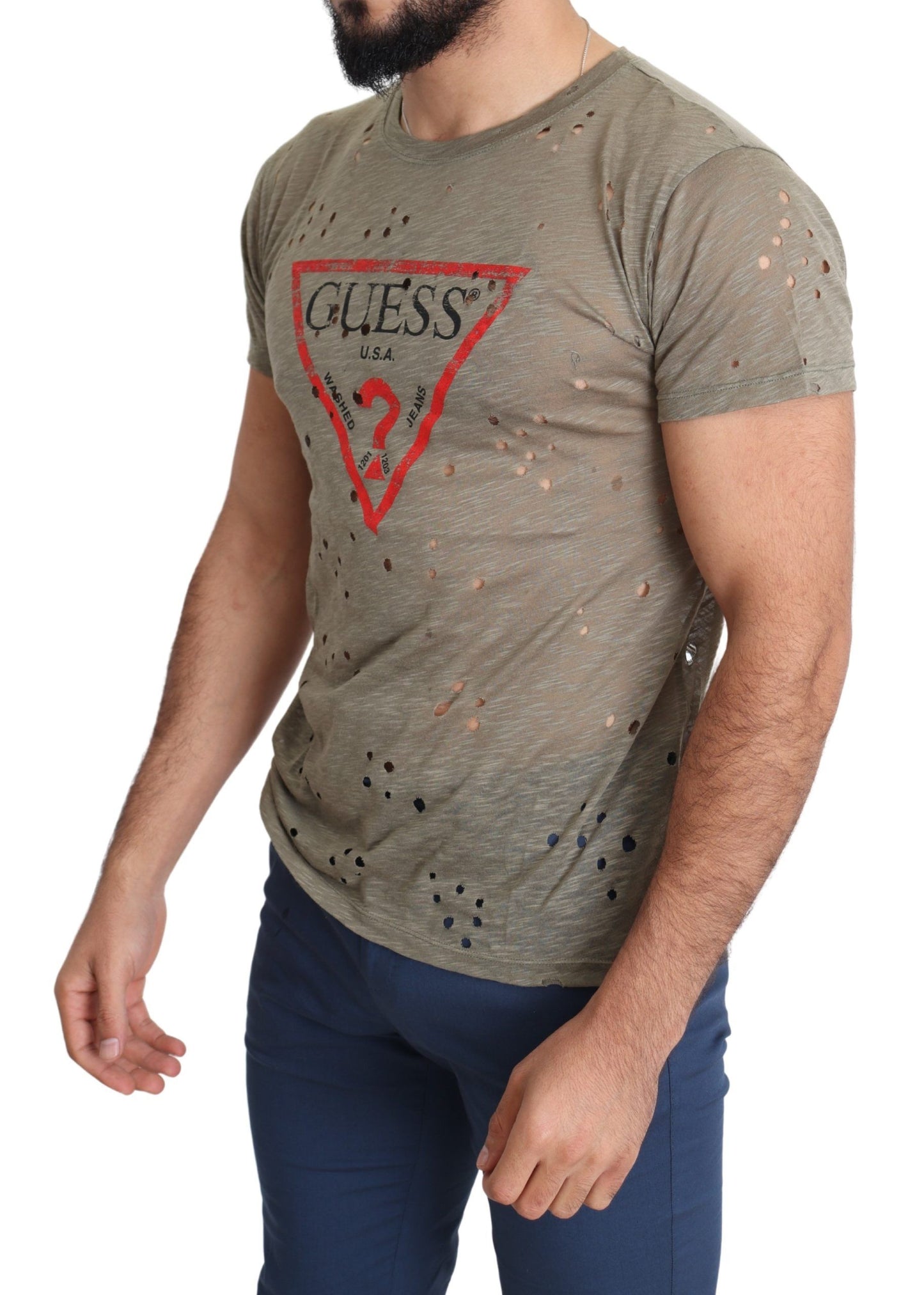 Guess Braunes Baumwoll-Stretch-T-Shirt mit Logodruck für Männer Casual Perforated T-Shirt