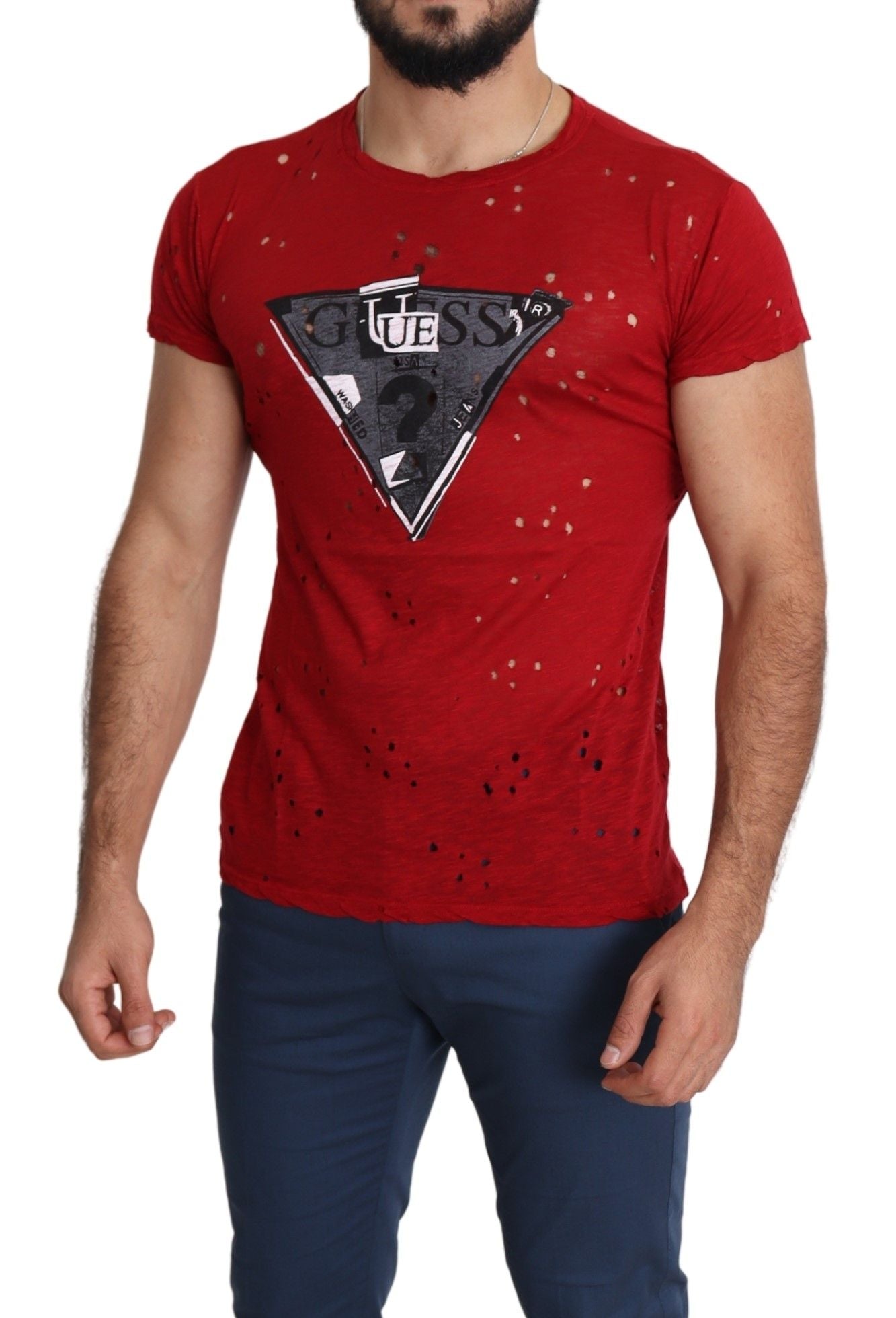 Guess Rotes Baumwoll-Logo Print Männer Casual Top Perforiertes T-Shirt