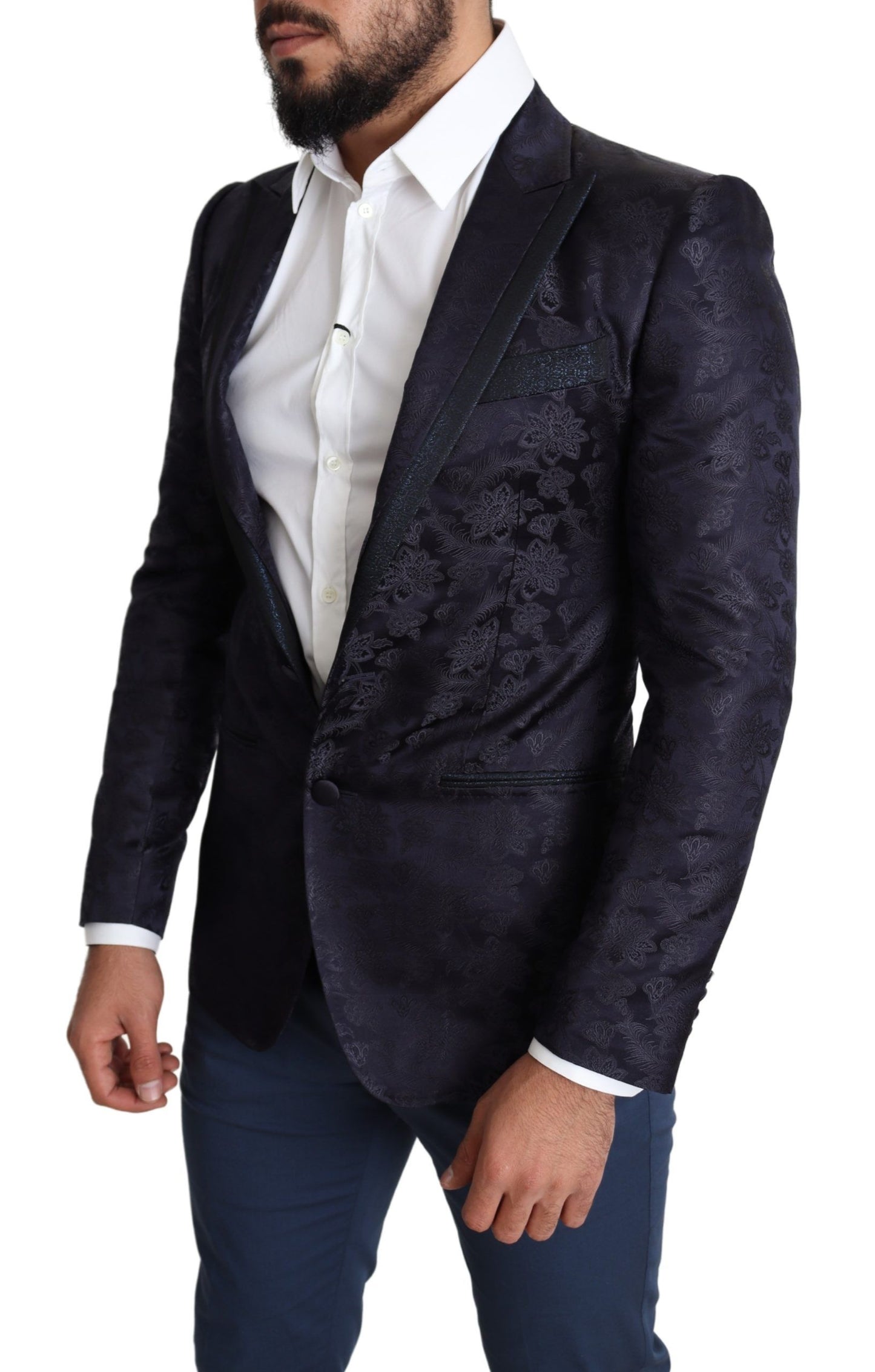 Dolce & Gabbana Blauer Jacquard-Mantel aus Seide mit Blumenmuster MARTINI Blazer