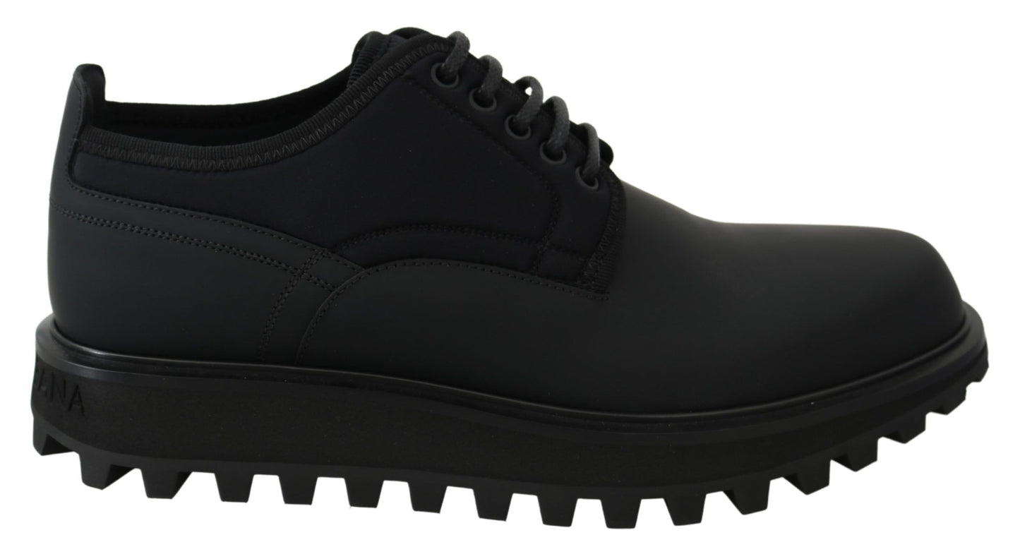 Dolce & Gabbana Schwarze gummierte Kalbsleder Chunky Derby Vulcano Schuhe