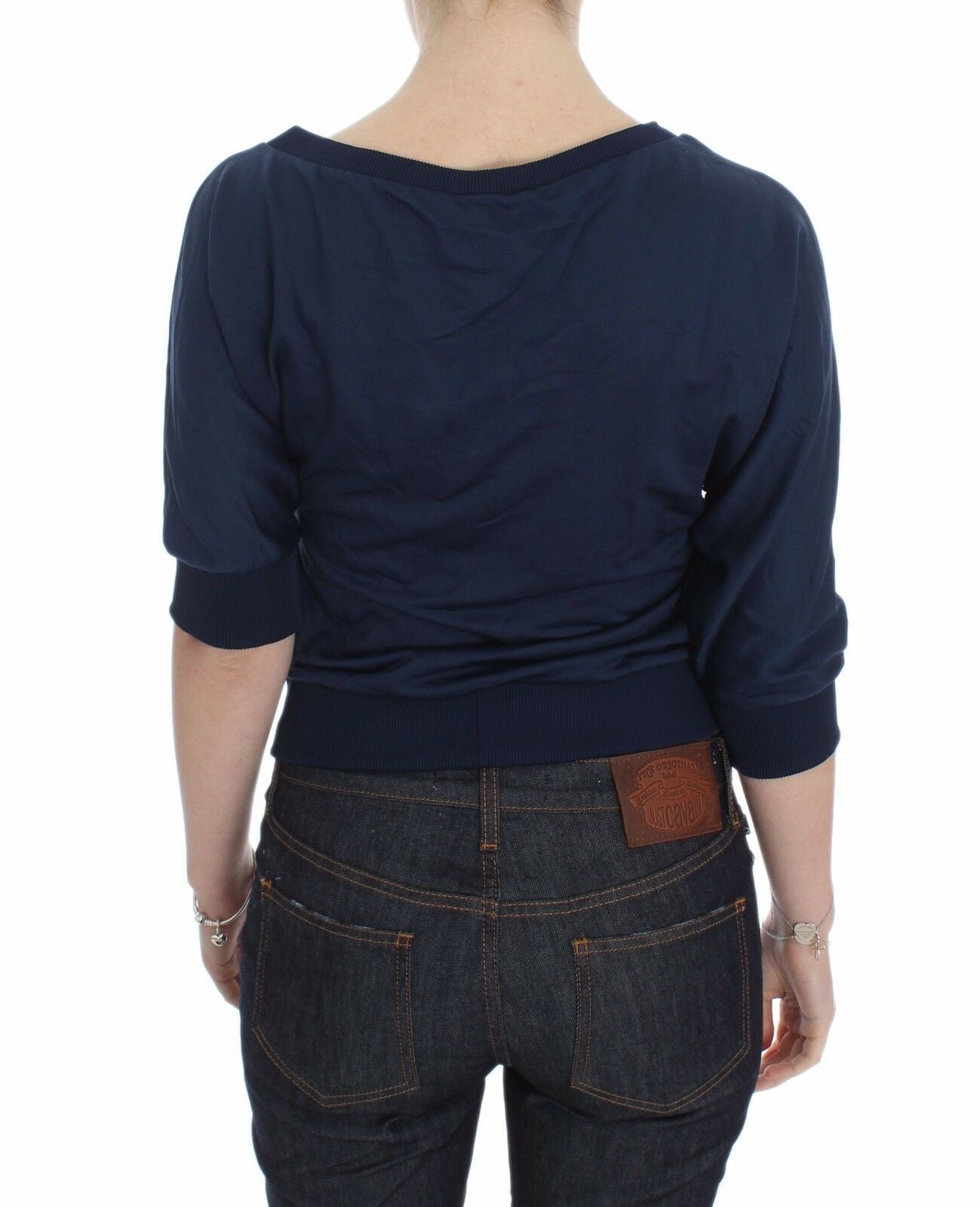 Exte Blaues Baumwolltop Pullover mit tiefem V-Ausschnitt Frauen Pullover