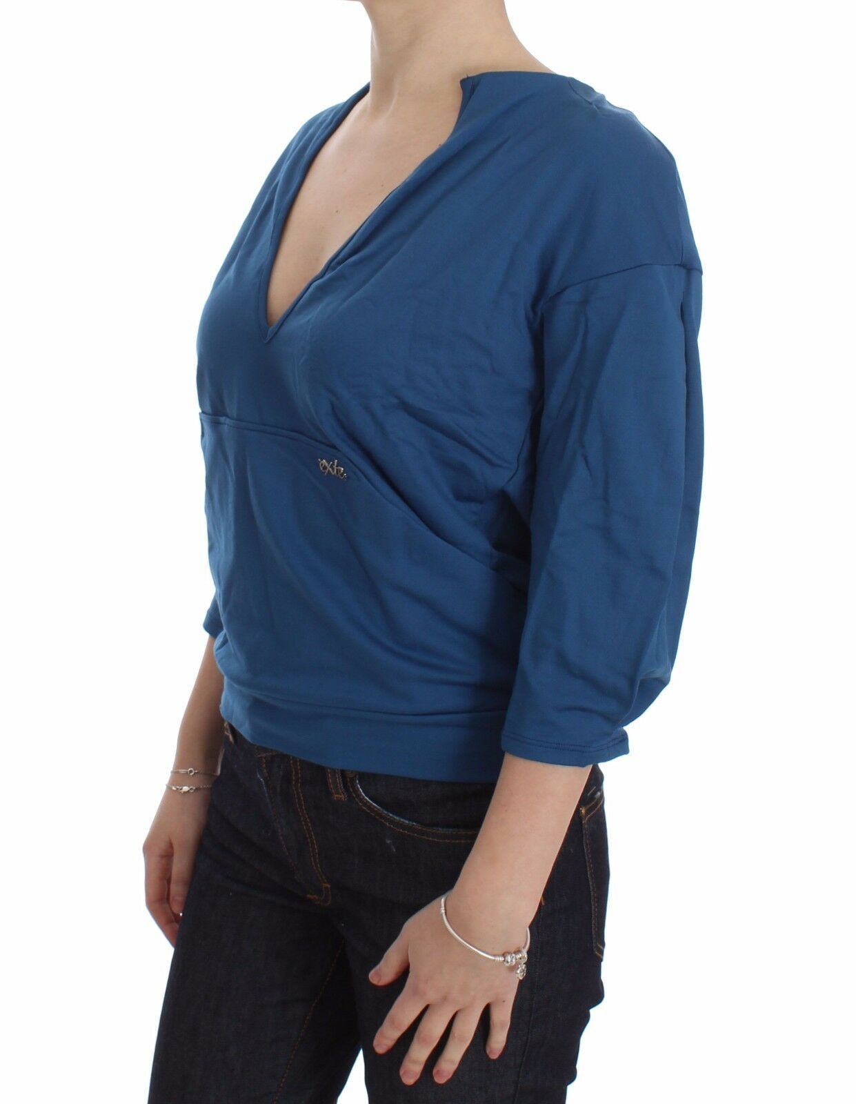 Exte Blaues Baumwolltop Pullover mit tiefem V-Ausschnitt Frauen Pullover