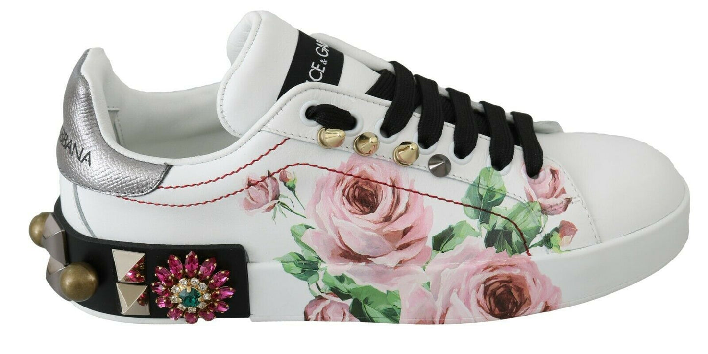 Dolce & Gabbana Weißes Leder Kristall Rosen Floral Turnschuhe Schuhe