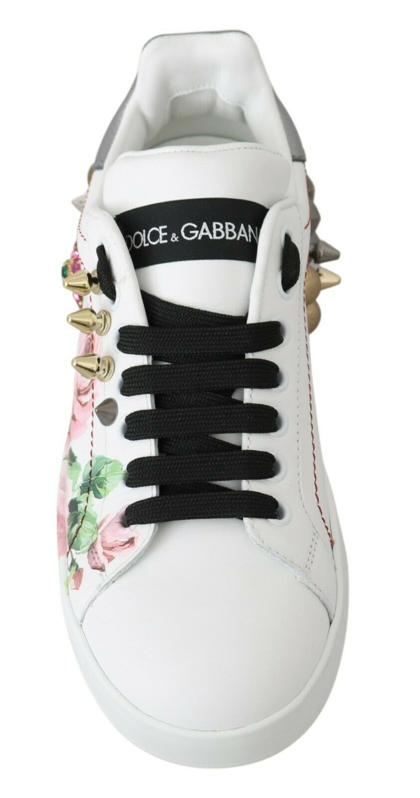 Dolce & Gabbana Weißes Leder Kristall Rosen Floral Turnschuhe Schuhe