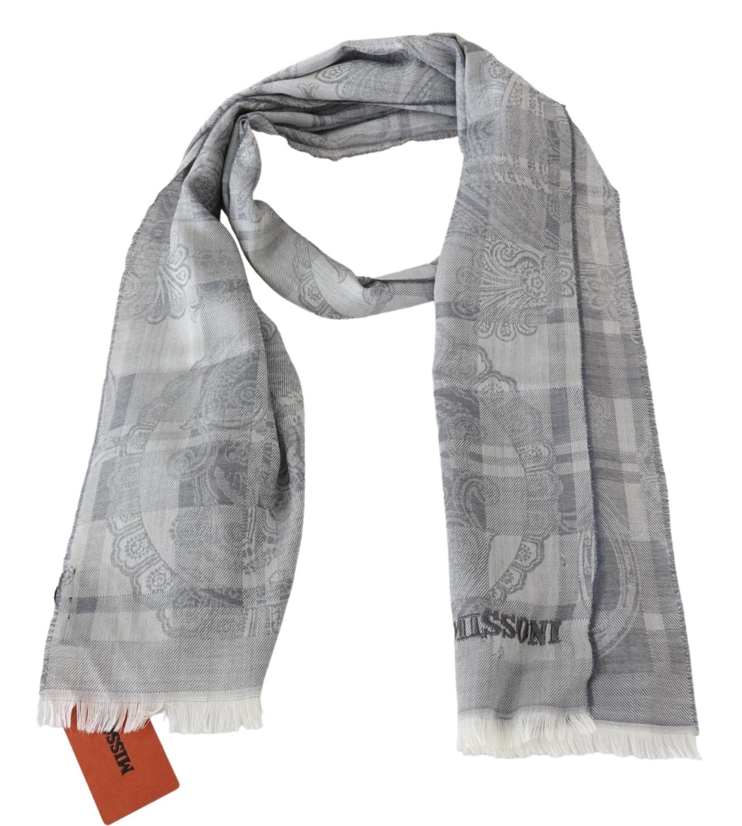 Missoni Grauer floraler Wollschal Unisex Halswickel Fransenschal