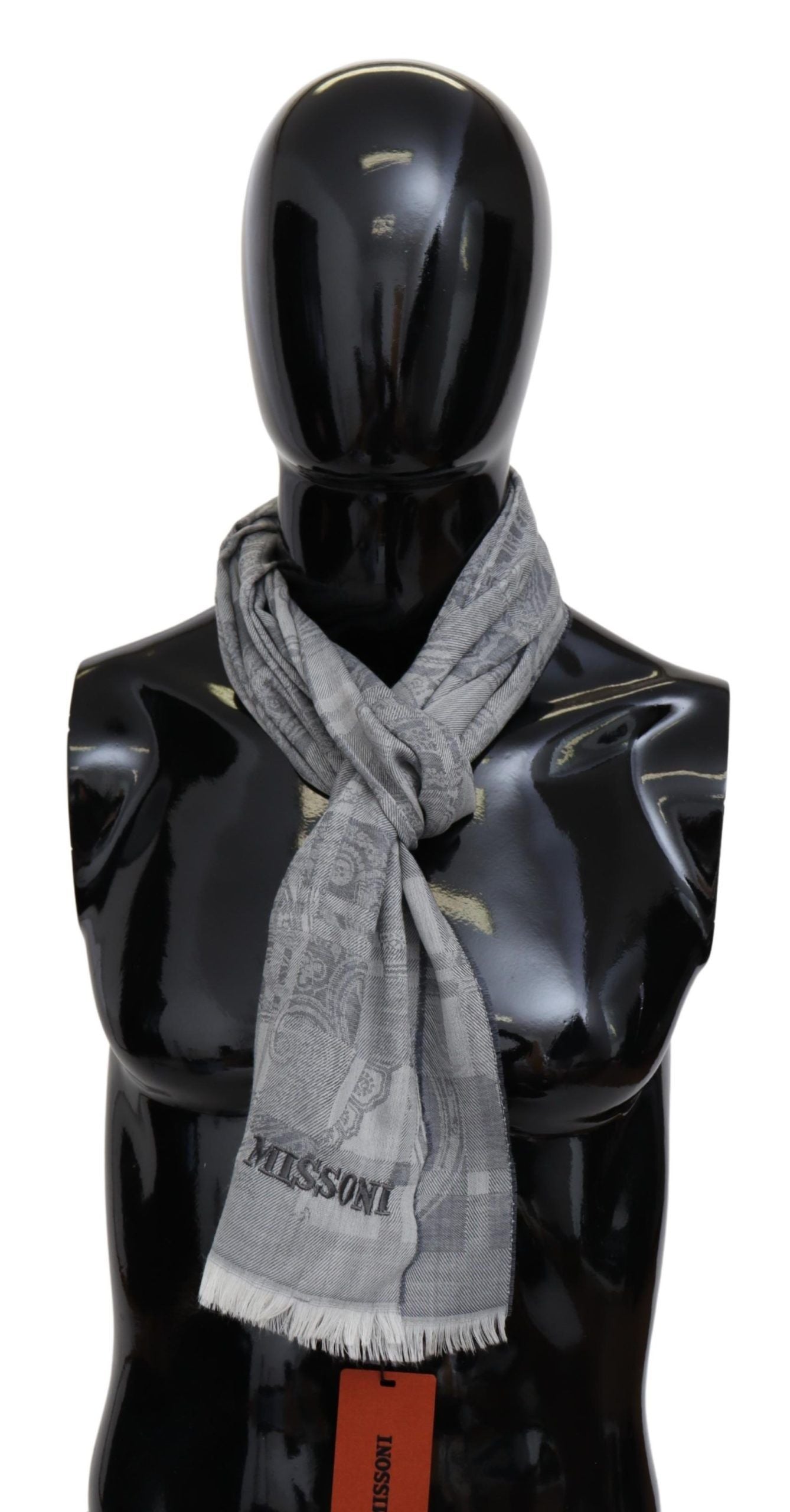Missoni Grauer floraler Wollschal Unisex Halswickel Fransenschal