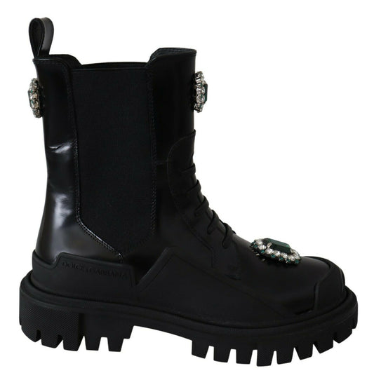 Dolce & Gabbana Schwarze Leder-Kristall-Kampfstiefel