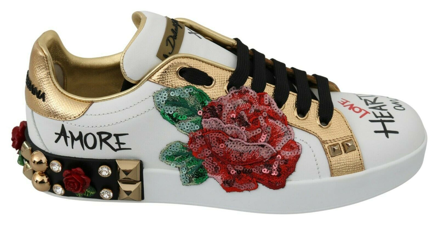 Dolce & Gabbana Weiß Rosen Pailletten Kristall Damen Turnschuhe Schuhe