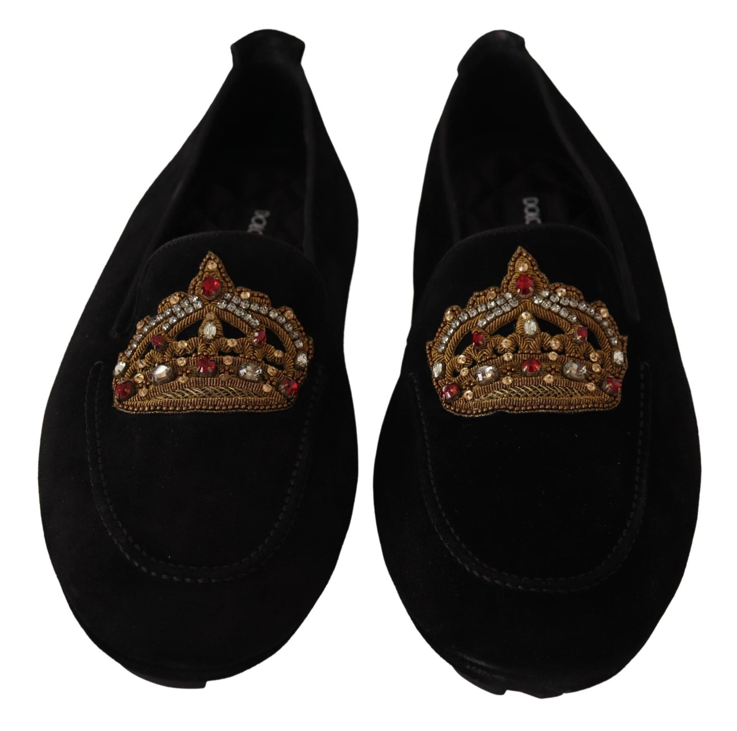 Dolce & Gabbana Schwarzes Leder Crystal Gold Crown Loafers Schuhe