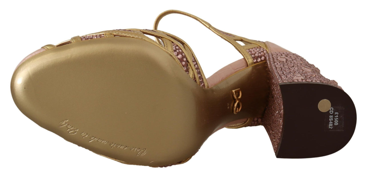 Dolce & Gabbana Rosa Gold Leder Kristall Pumps T-Riemen Schuhe