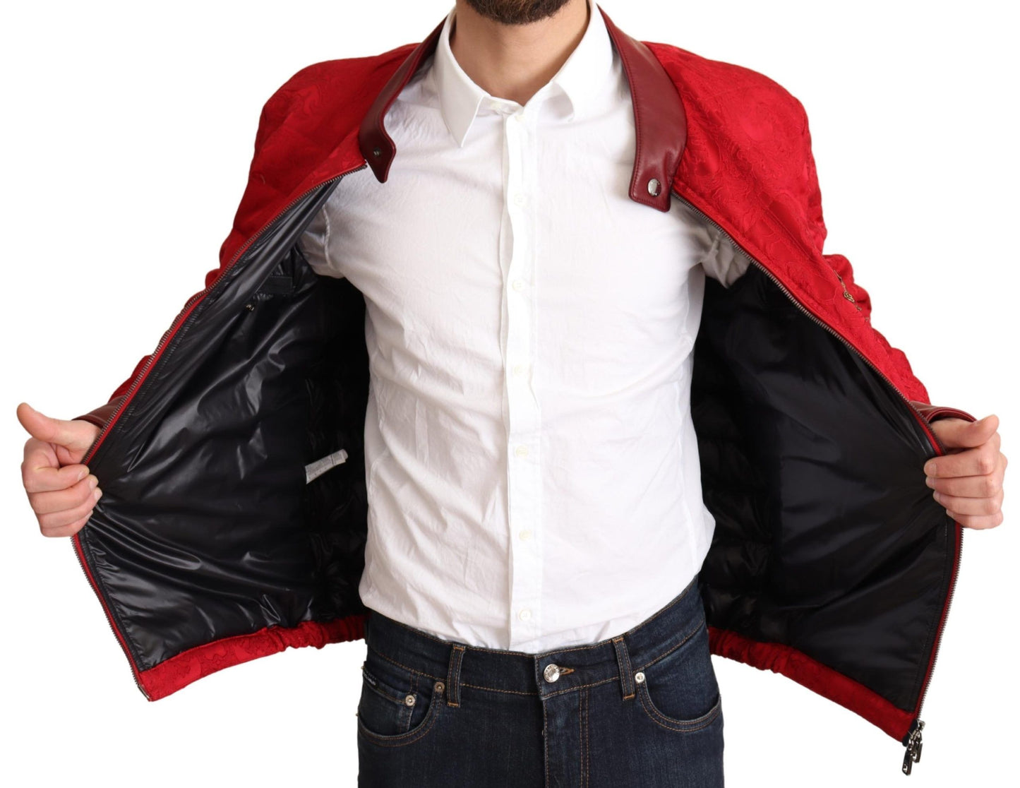 Dolce & Gabbana Roter Brokatbomber Goldkronen-Logo-Mantel Jacke