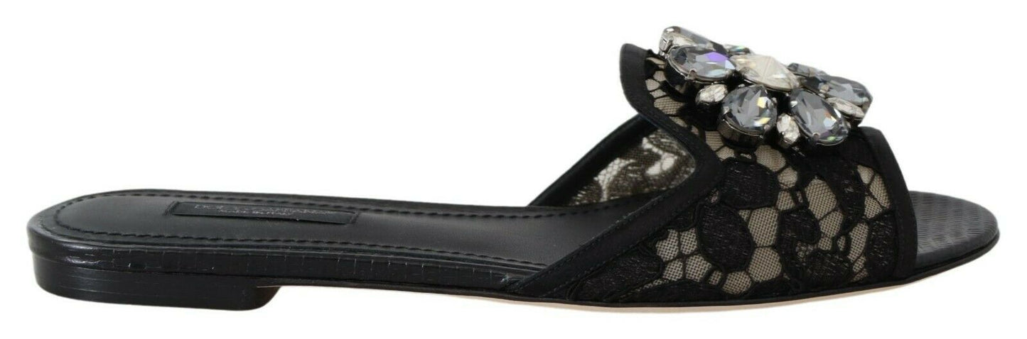 Dolce & Gabbana Schwarz Taormina Spitze Slides Kristalle Flats Schuhe