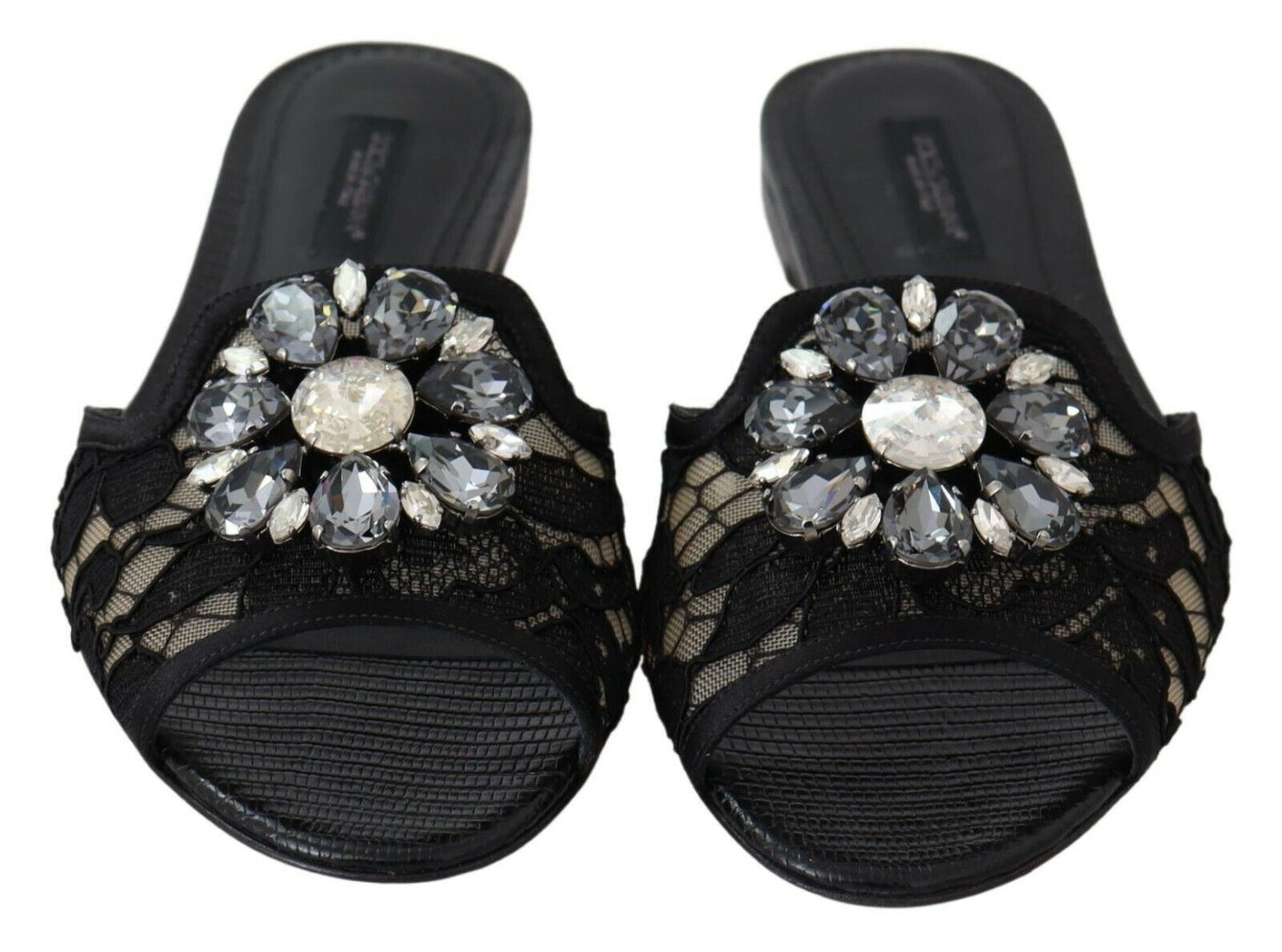 Dolce & Gabbana Schwarz Taormina Spitze Slides Kristalle Flats Schuhe