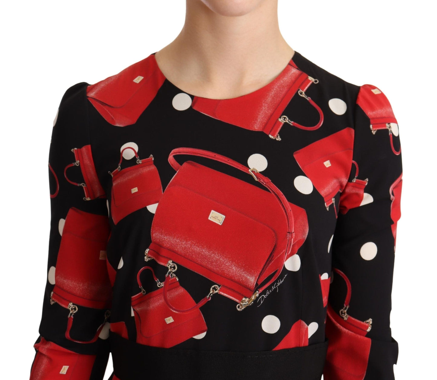 Dolce & Gabbana Schwarzes Sicily Bag Print ausgestelltes Midikleid