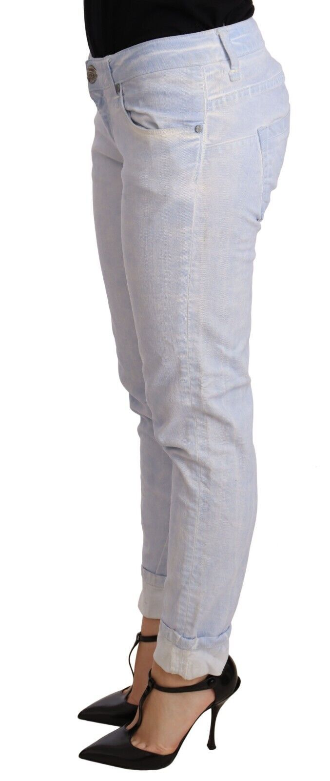 Acht Hellblaue Baumwolle Folded Hem Denim Skinny Damen Hosenjeans