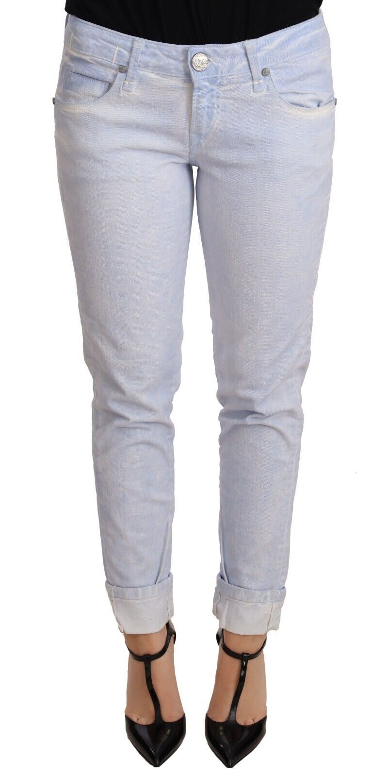 Acht Hellblaue Baumwolle Folded Hem Denim Skinny Damen Hosenjeans