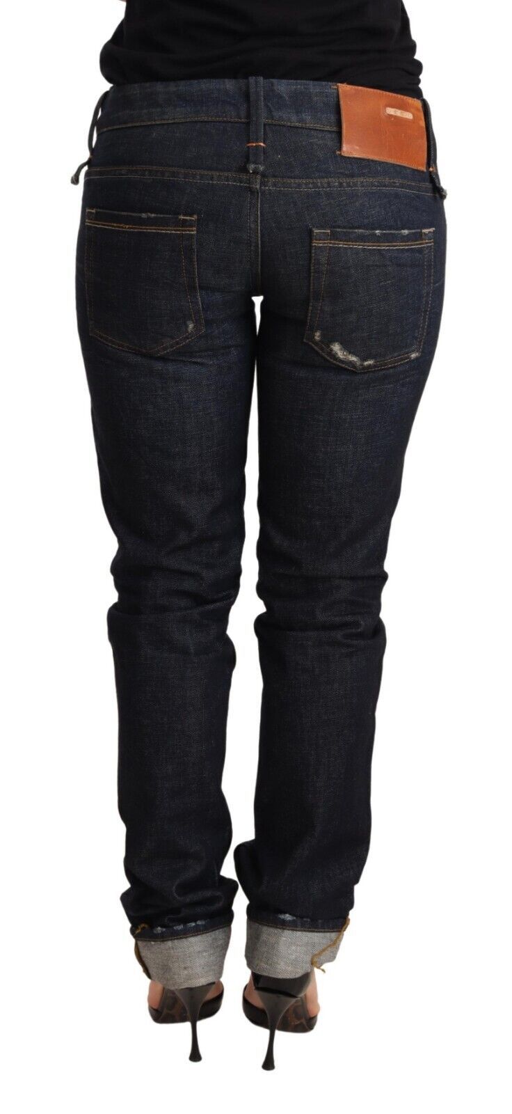 Acht Dunkelblau Baumwolle Slim Fit Folded Saum Frauen Denim Hosen Jeans
