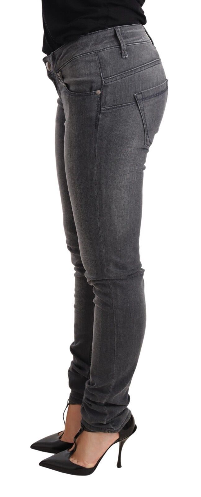 Acht Graue gewaschene Baumwolle Slim Fit Low Waist Damen Denim Hosen Jeans