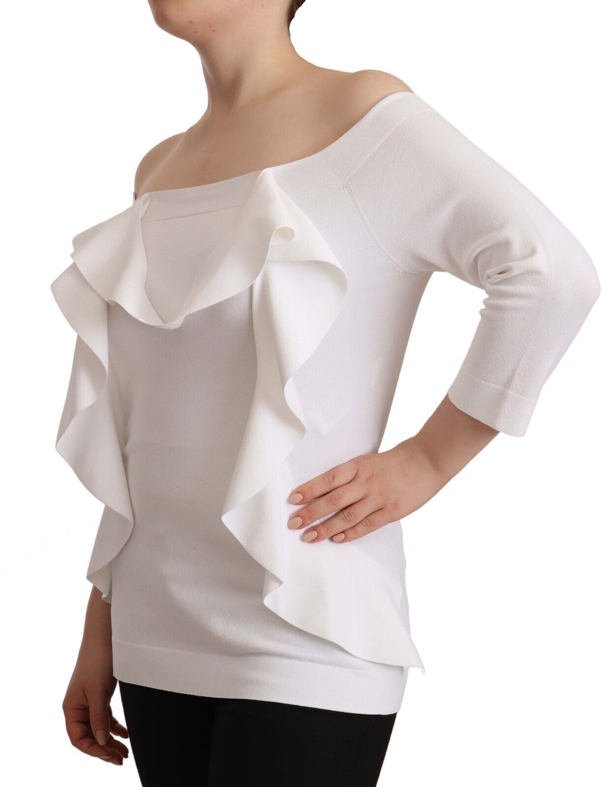 EXTERIOR Weiß Langärmeliges schulterfreies Damen Top Bluse