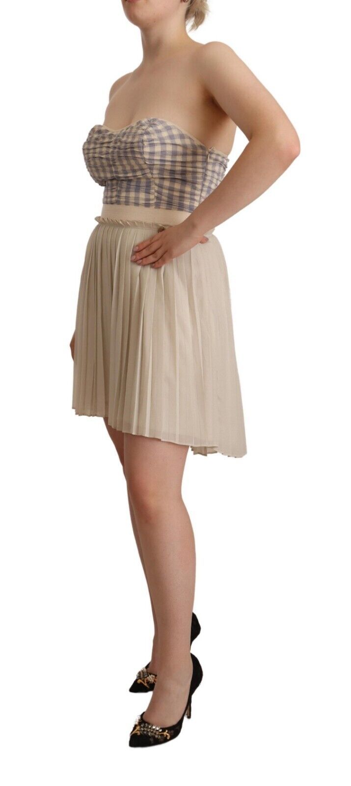 Guess Beige kariertes plissiertes trägerloses A-Linien-Kleid mit Bustier