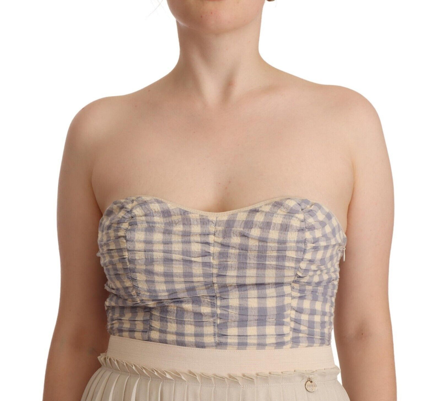 Guess Beige kariertes plissiertes trägerloses A-Linien-Kleid mit Bustier