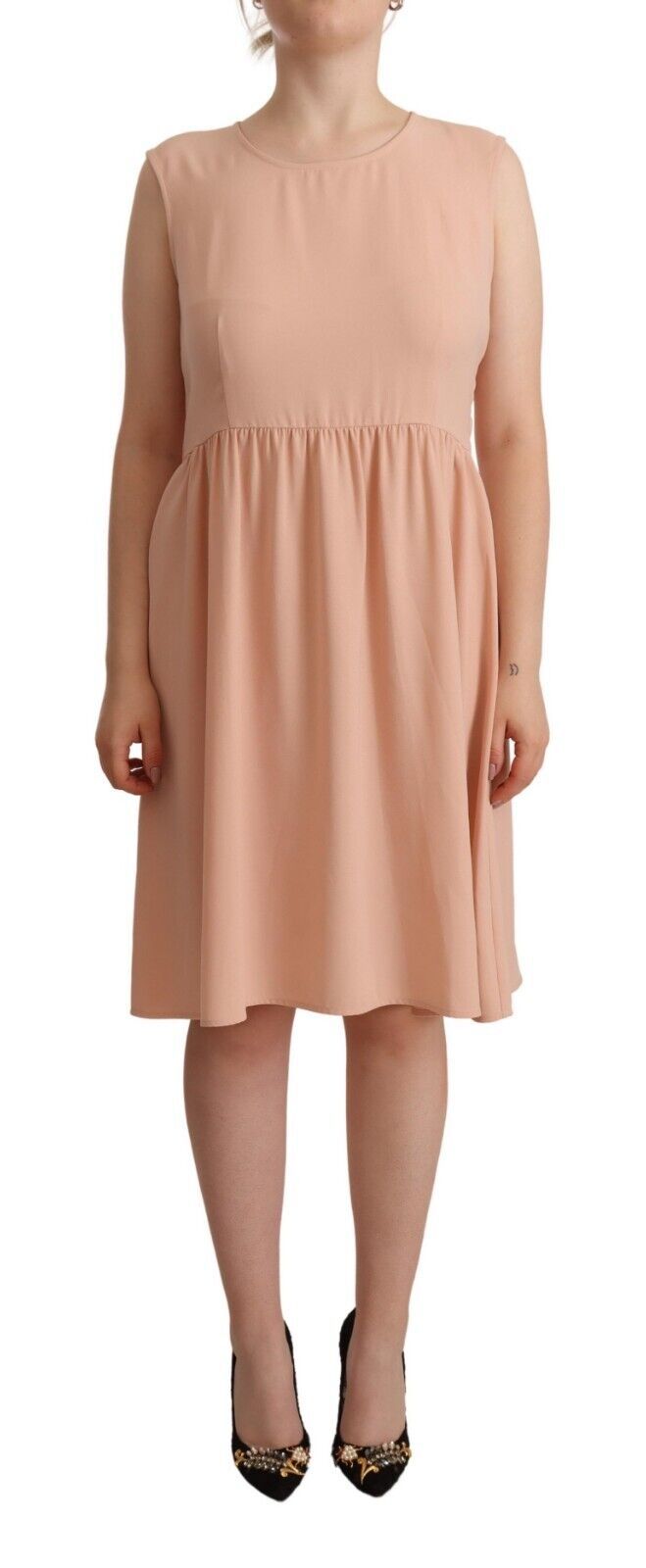 Twinset Beigefarbenes, ärmelloses, knielanges Shift-Kleid aus Polyester