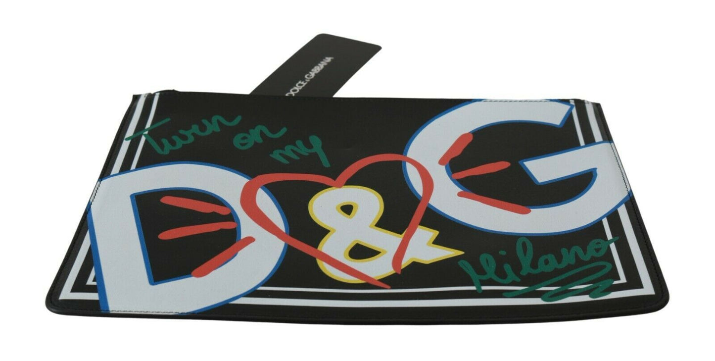 Dolce & Gabbana Schwarz DG Print Herren Zipper Münzgeldbörse Leder Geldbörse