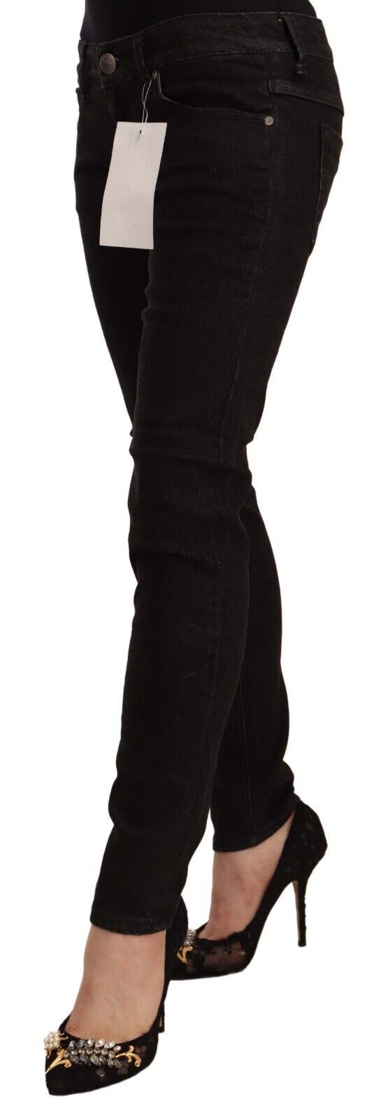 Acht Schwarze Skinny Denim-Jeans aus Baumwolle mit niedriger Taille